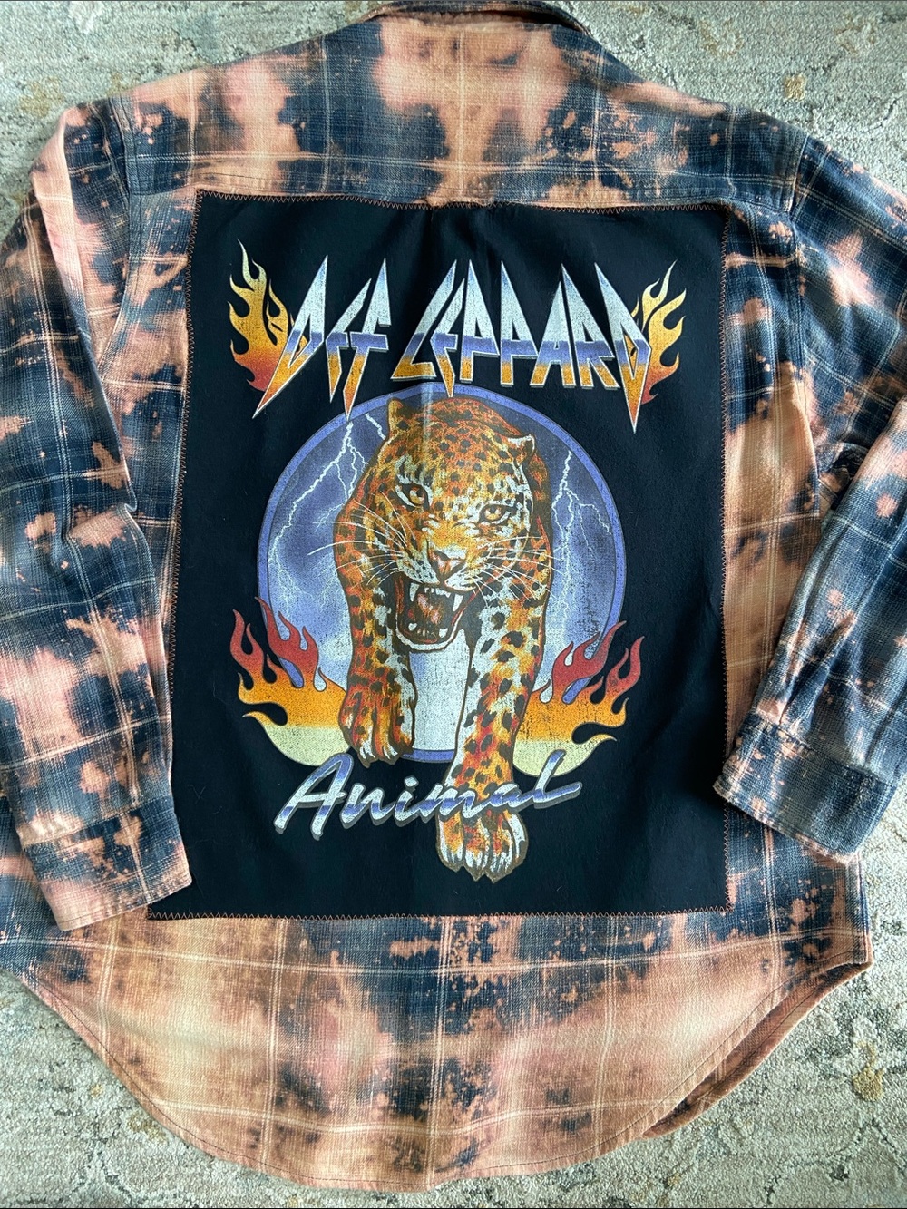 Hand Crafted Distressed Def Leopard Graphic and Flannel Shirt